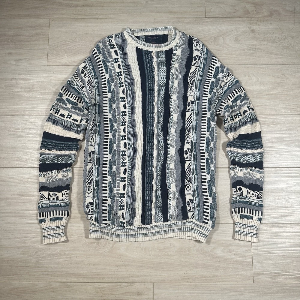Vintage Y2K 3D Knit Sweater Mens Medium Chunky Cable Coogi Style Brunswick‎ Blue